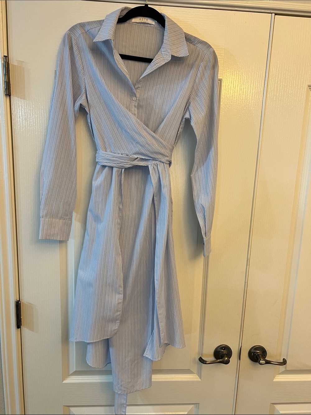 Astr Light Blue and White Pinstripe Wrap Shirtdress